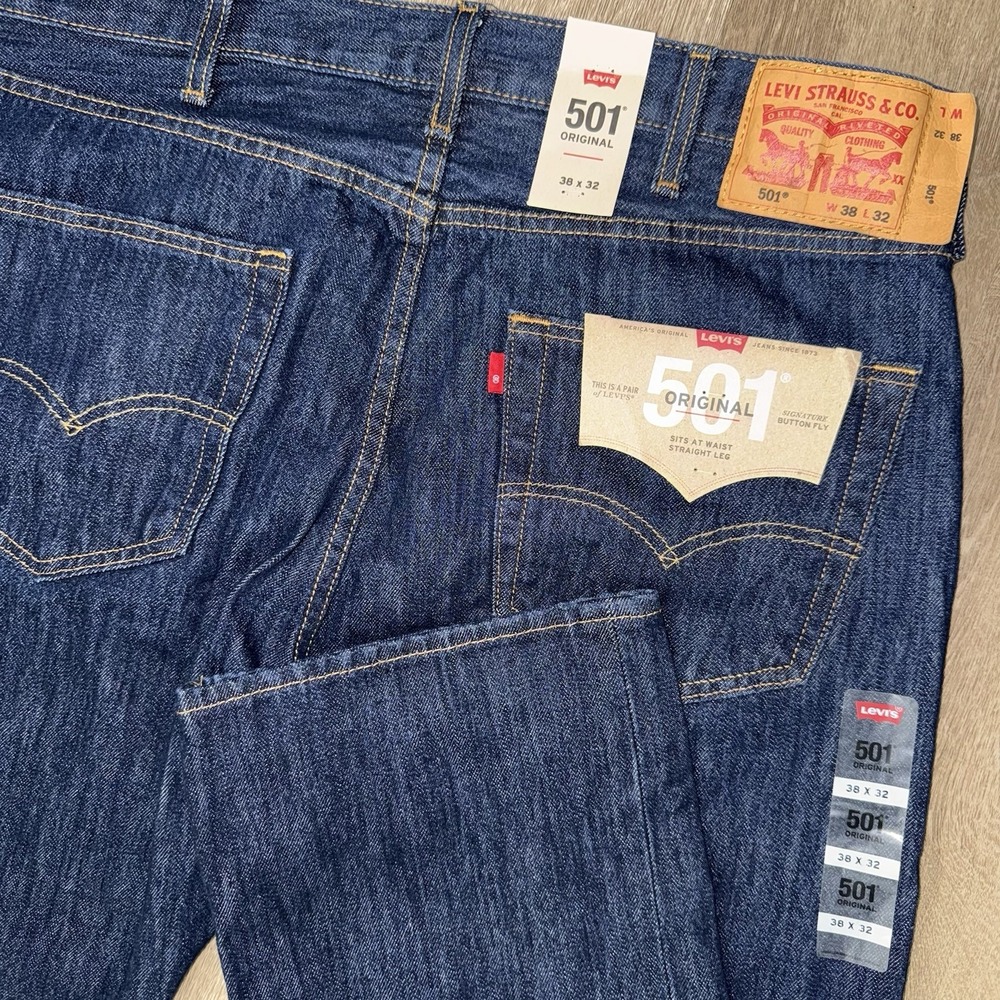 NEW Levi's 501 Straight Leg Jeans Men's 38x32 Raw Dark Blue Wash Button Fly